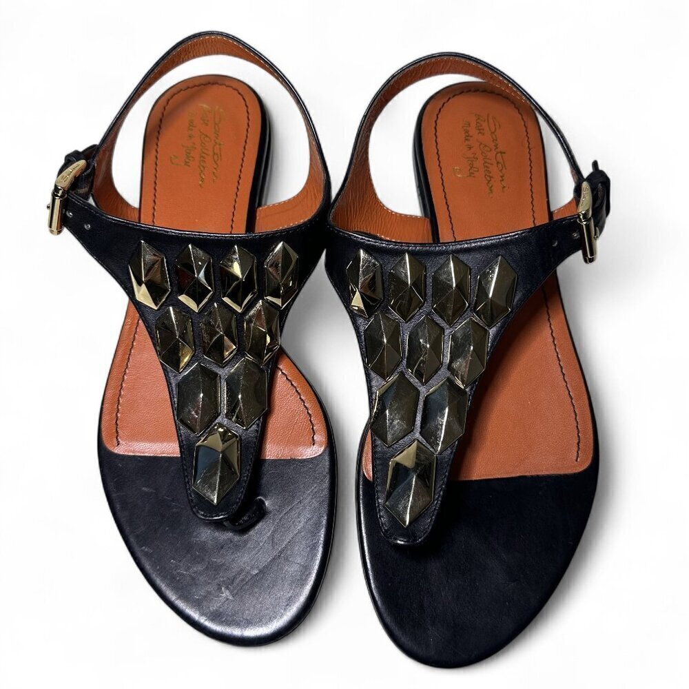 Santoni Women's Toe Strap Sandals In Black w Gold Accents sz EU 37.5 NWOB